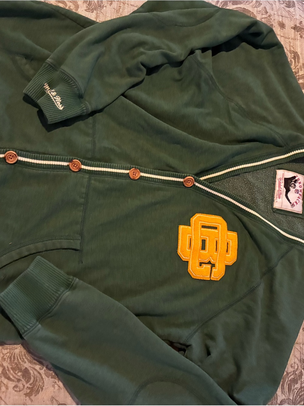 Mitchell & Ness Green V-Neck Cardigan with Yellow Patch